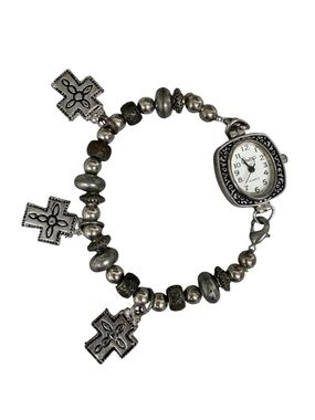 Vintage Beehive Silver Beaded Cross Charm Watch Bracelet • Boho Western